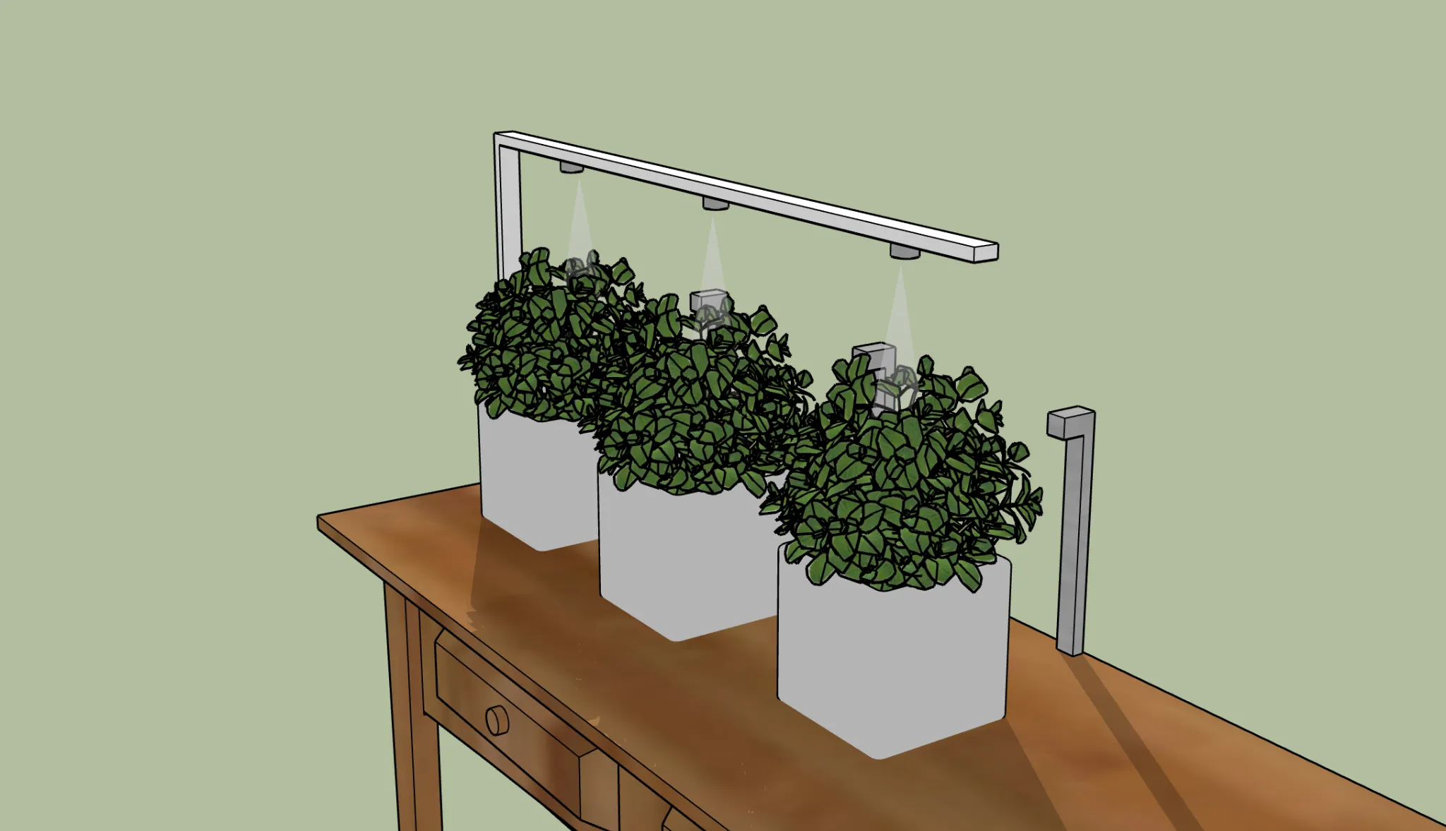 En illustrert prototyp av SAMPS-systemet med tre like planter i firkantede potter. Her vises lysene over som ordner automatisk belysning, og «pålene» på siden var tenkt å være sensorholdere eller varsellampeholdere på det punktet.